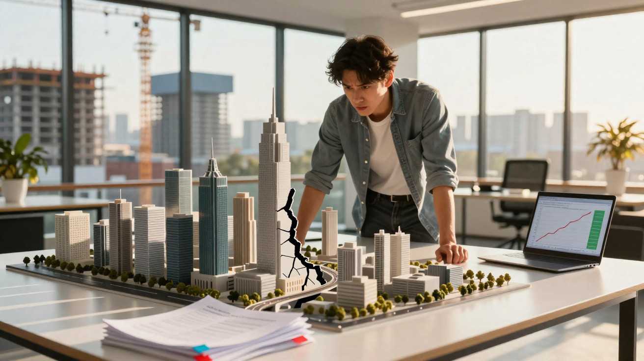 Jovem a analisar maquete de cidade com edifício partido ao meio numa mesa de escritório moderno.