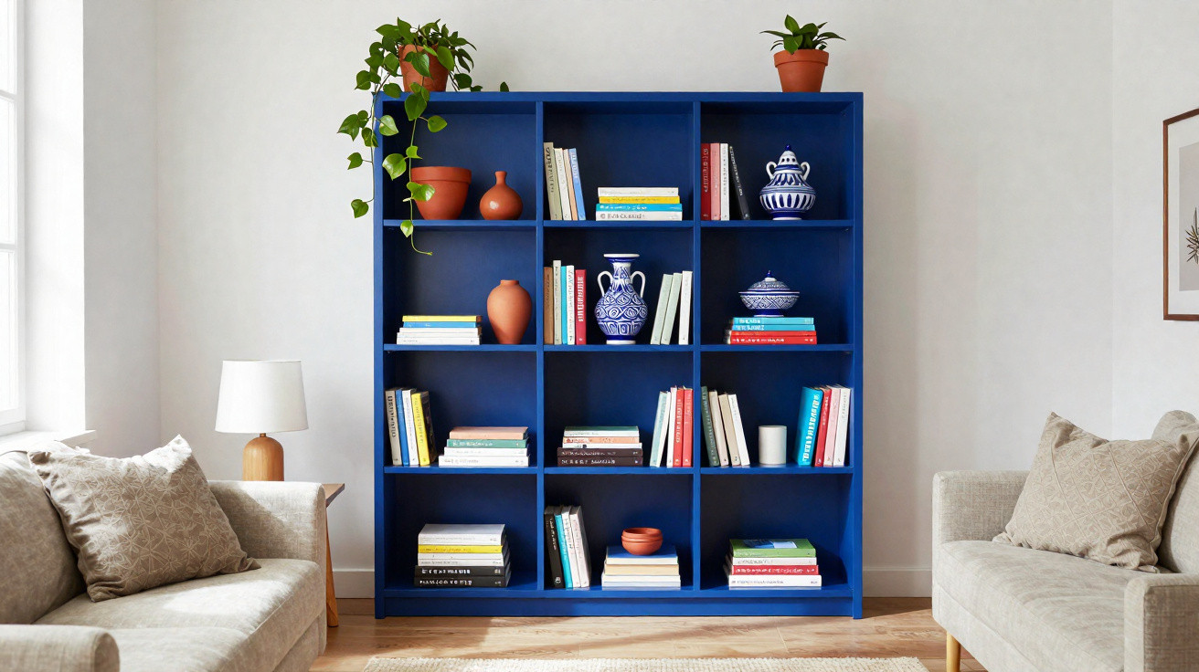 Estante azul com livros, vasos decorativos, planta, entre dois sofás bege numa sala iluminada.
