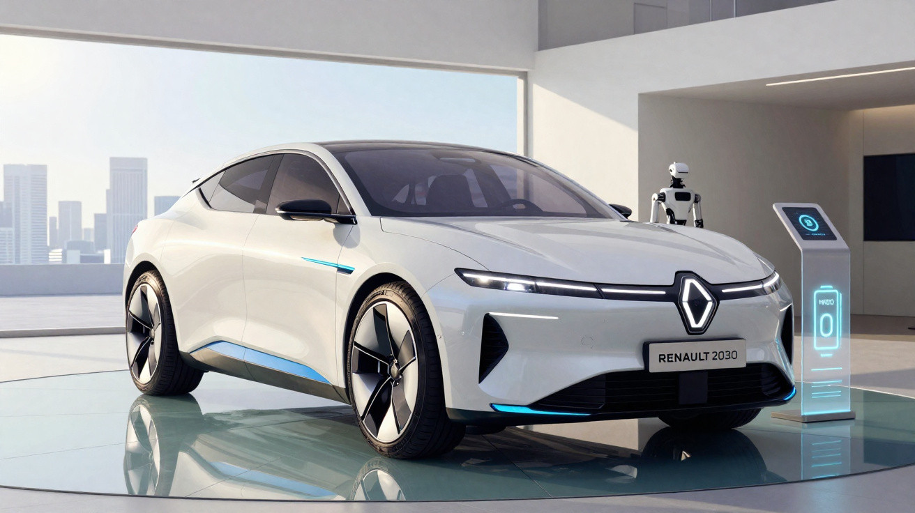 Carro elétrico conceitual Renault 2030 branco numa exposição moderna com robôs ao fundo.