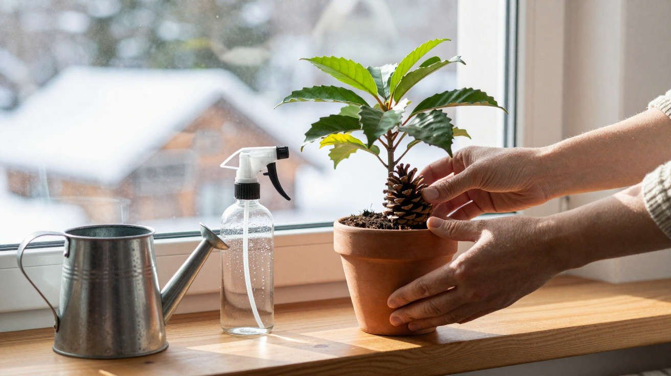 Mãos a colocar pinha em vaso com planta junto a regador e borrifador, janela com vista de neve.
