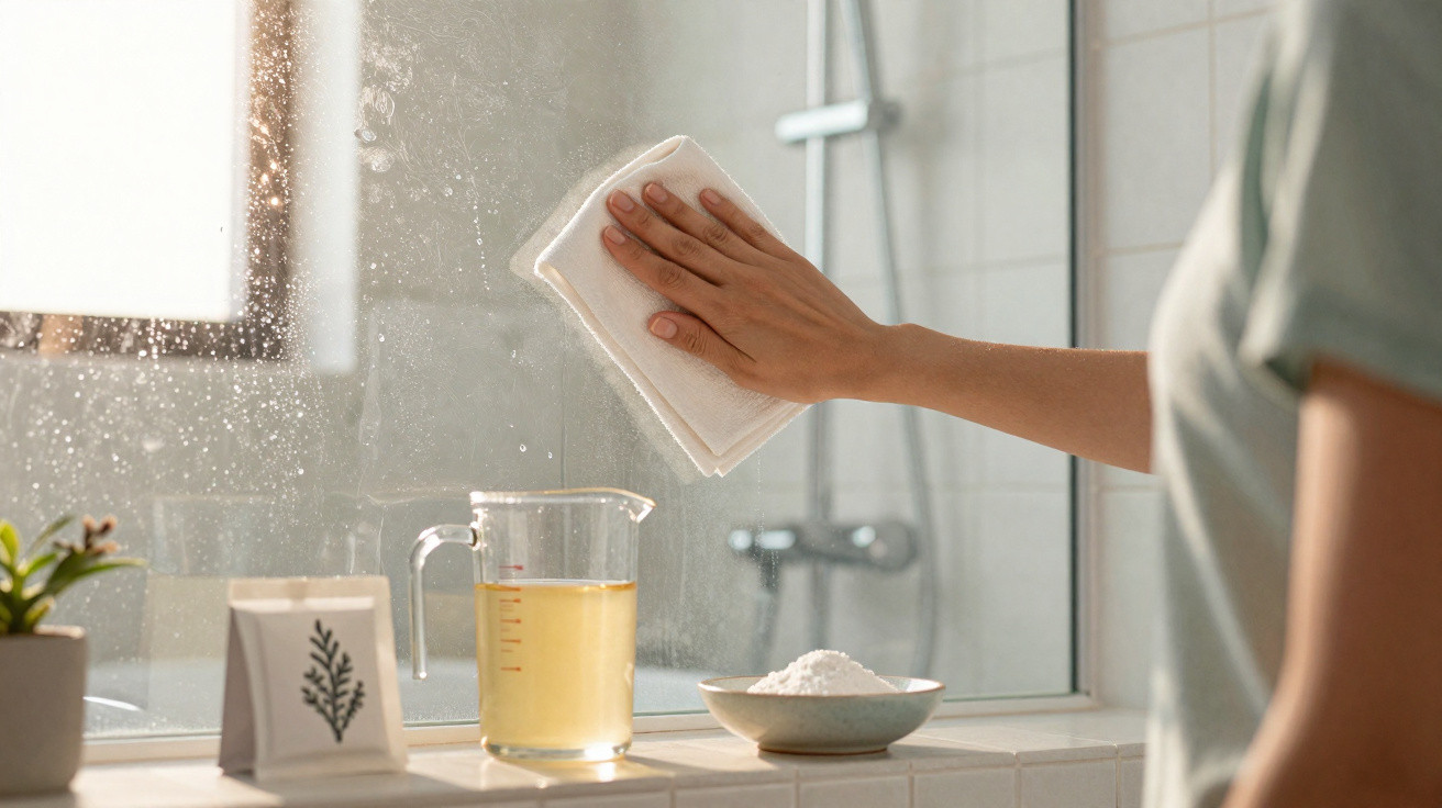 Mão limpa vidro de janela de casa de banho com pano branco e produtos de limpeza ao lado.