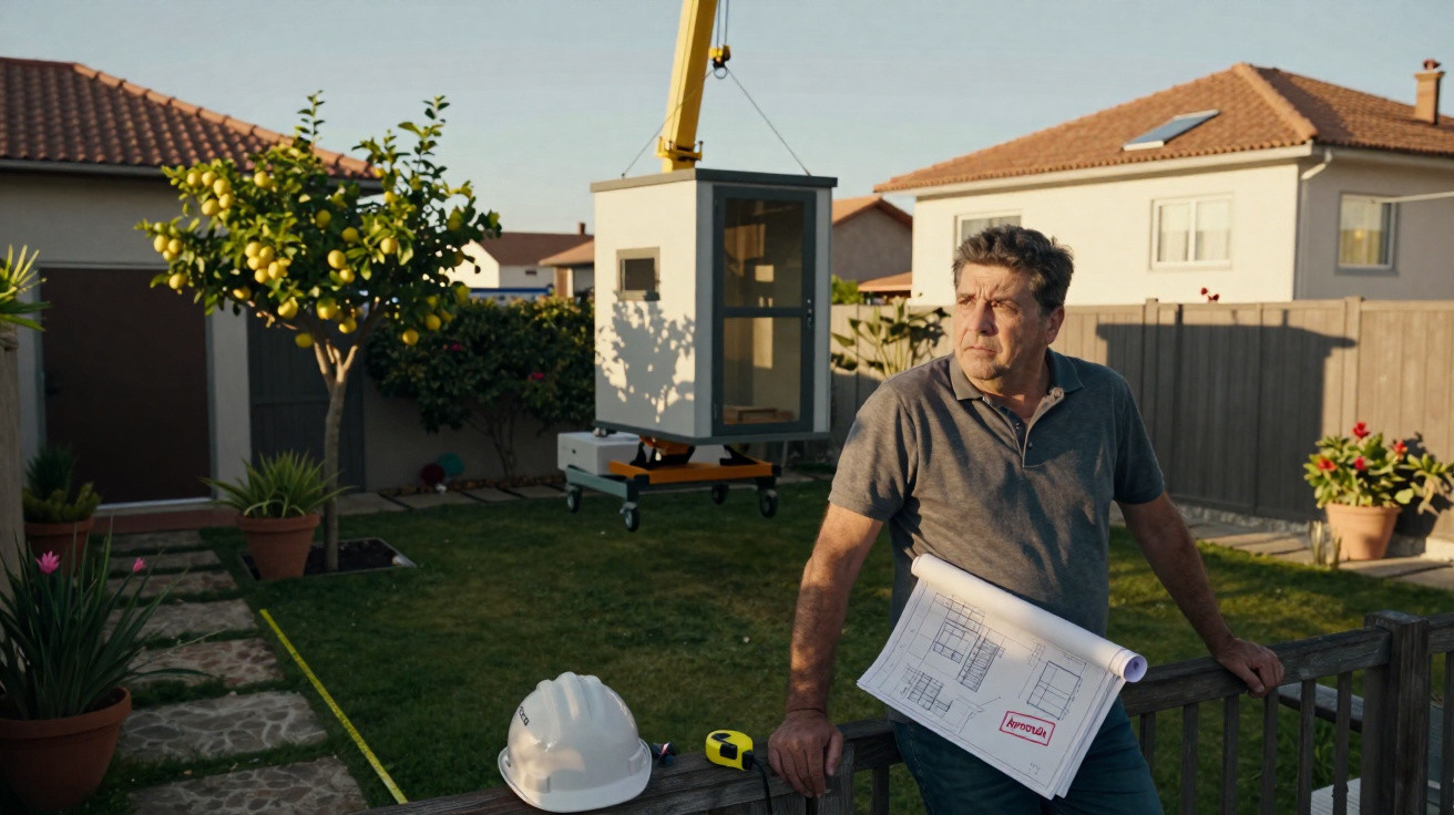 Homem com planta de casa observa instalação de módulo prefabricado num jardim de residência.