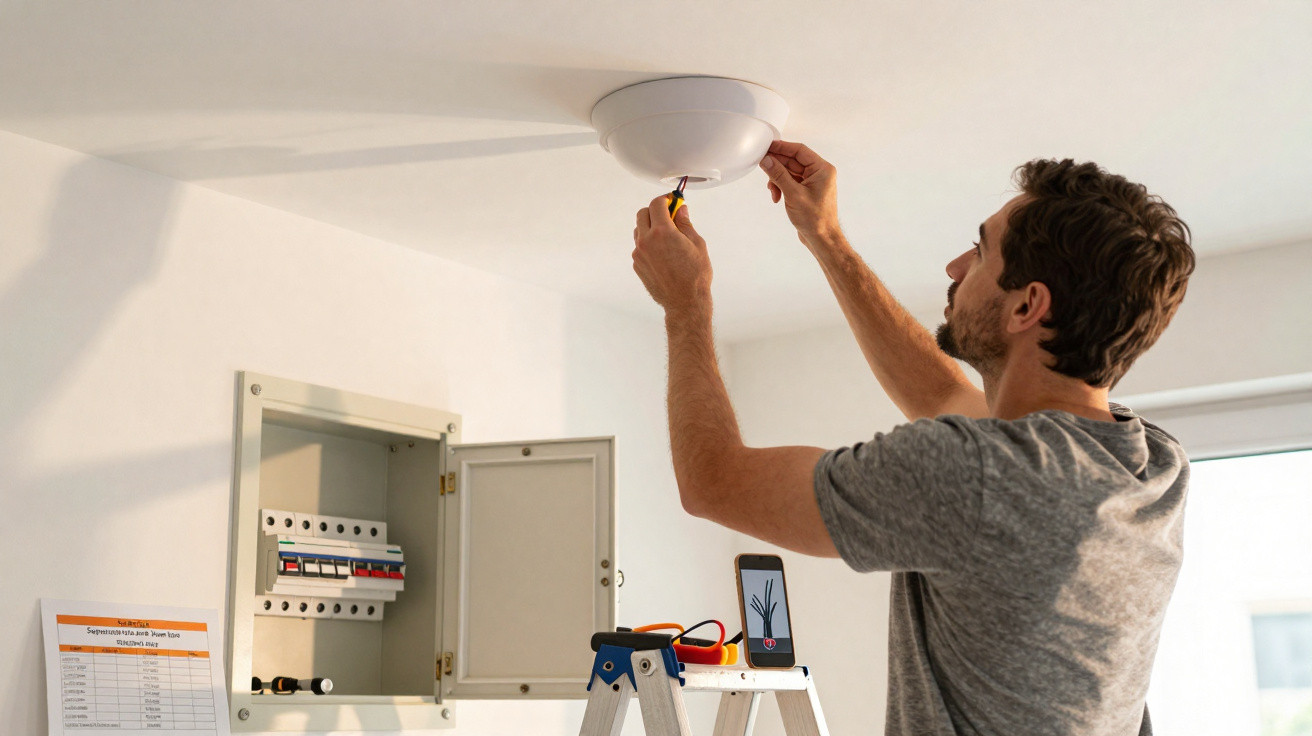 Homem a instalar detector de fumo no teto, com escada e quadro elétrico visíveis.