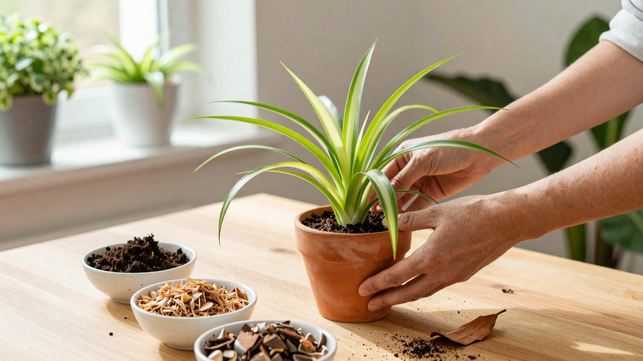 Mãos a transplantar planta em vaso de barro numa mesa de madeira com duas tigelas de terra e sementes.
