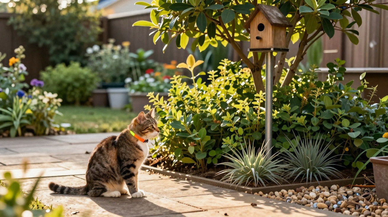 Gato de coleira laranja sentado em jardim junto a plantas e casa de pássaros sobre árvore.