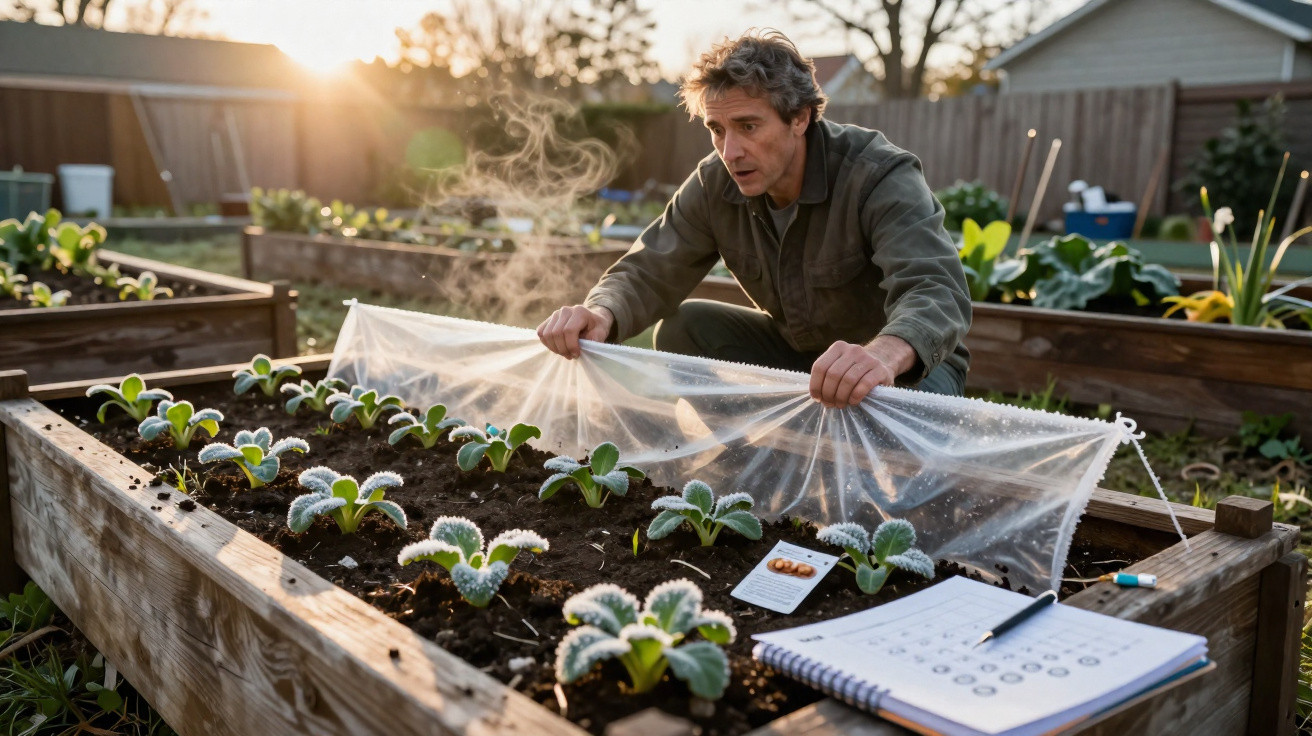 Homem a levantar plástico protetor de canteiro com plantas jovens num jardim ao entardecer.