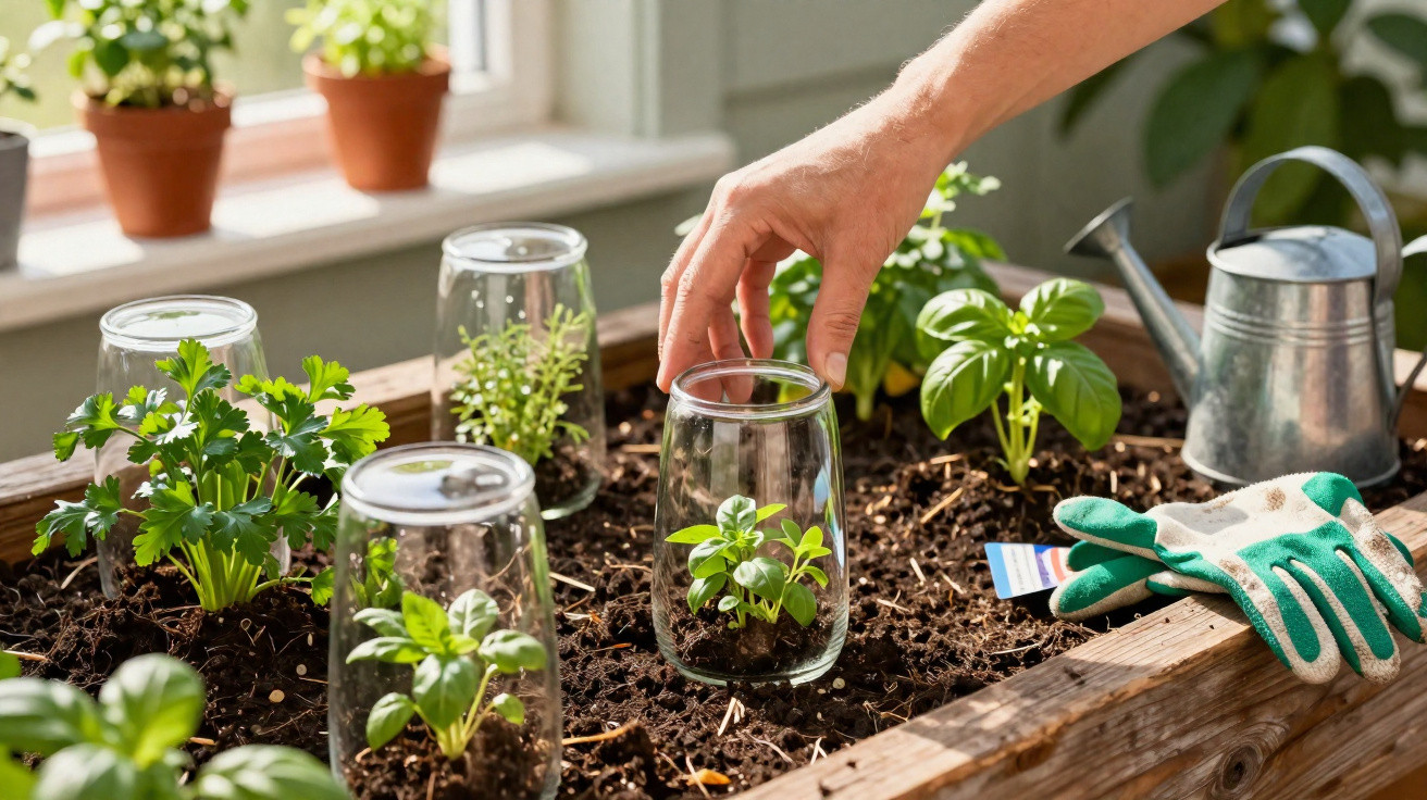 Mão a proteger plantas jovens com copos de vidro numa horta urbana com regador e luvas de jardinagem.