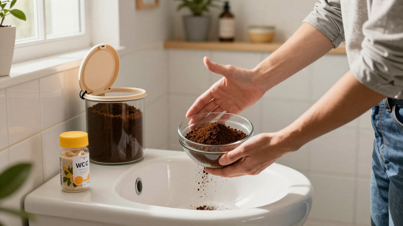 Pessoa a despejar café moído numa pia branca com frasco de café e frasco de comprimidos ao lado.