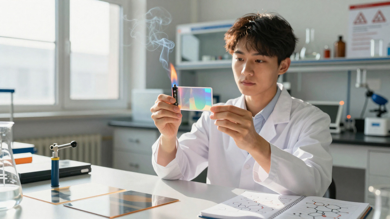 Jovem cientista em laboratório, a queimar uma amostra com isqueiro para análise científica.