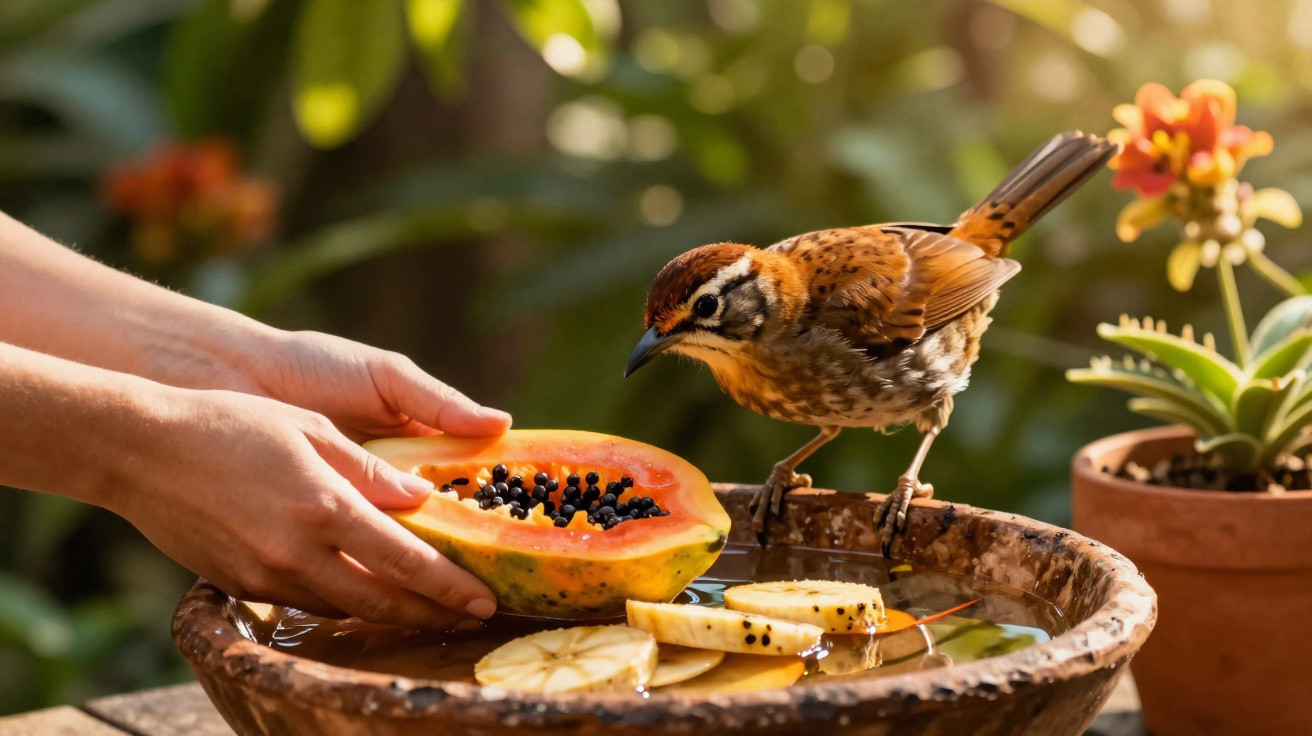 Mão a oferecer papaia e fatias de banana a um pássaro numa taça com água num jardim.