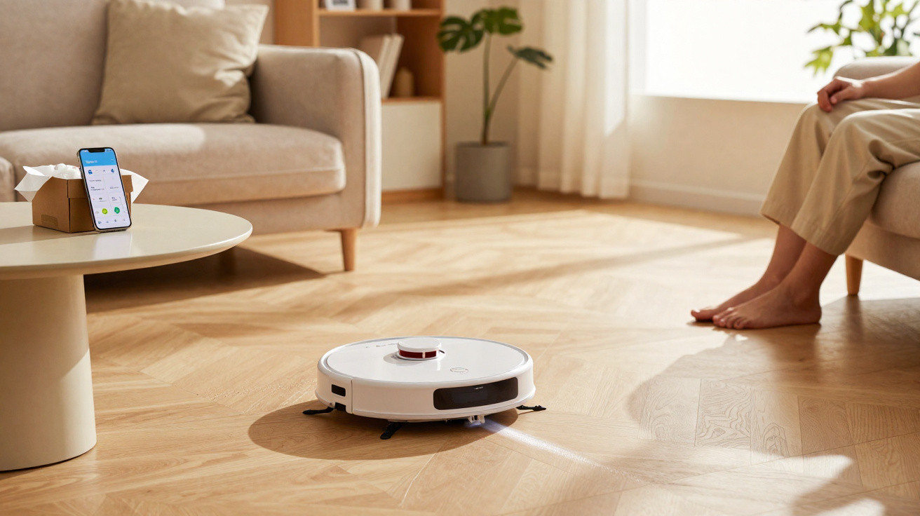 Robô aspirador a limpar chão de madeira numa sala com sofá e telemóvel numa mesa.
