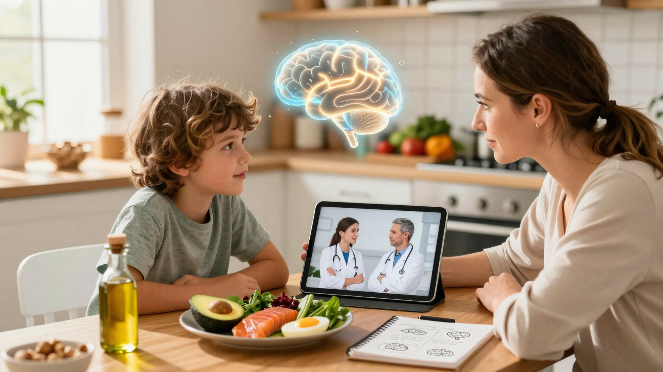 Mãe e filho numa videochamada com médico, com imagem virtual de cérebro acima, numa cozinha.