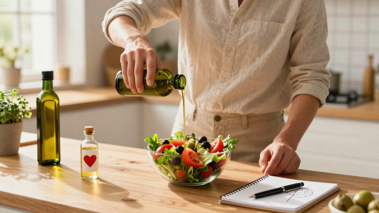 Pessoa a temperar salada com azeite numa cozinha moderna, com frascos e caderno na bancada.