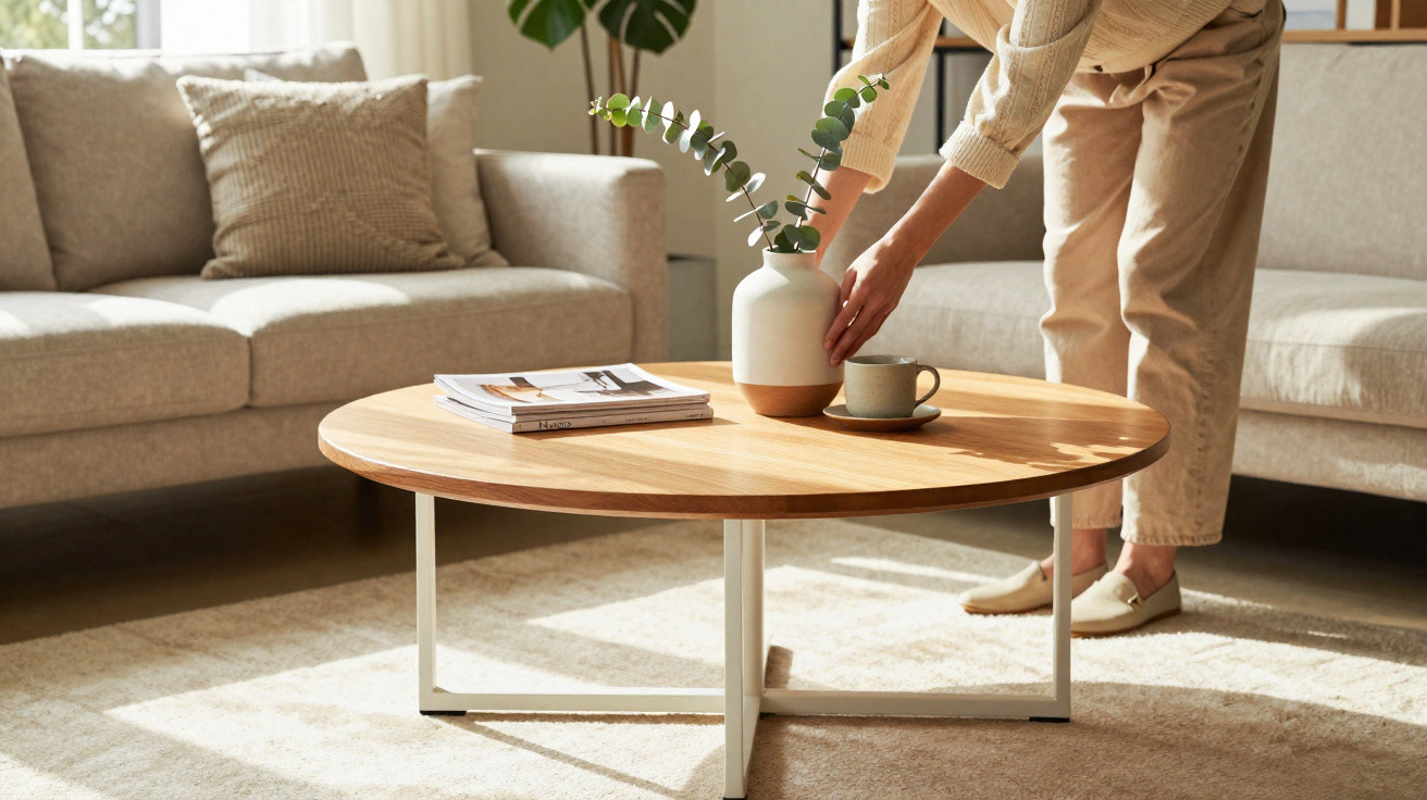 Pessoa a colocar vaso com plantas em mesa de madeira numa sala com sofá neutro e luz natural.
