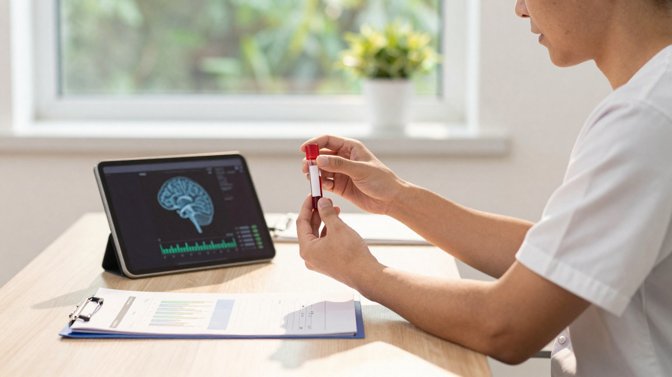 Dois profissionais de saúde analisam um tubo de ensaio com sangue e dados cerebrais num tablet.