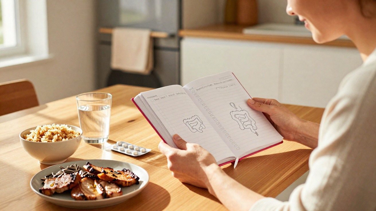 Pessoa sentada à mesa segurando comprimidos e a ler um caderno aberto, com pratos de comida na mesa.