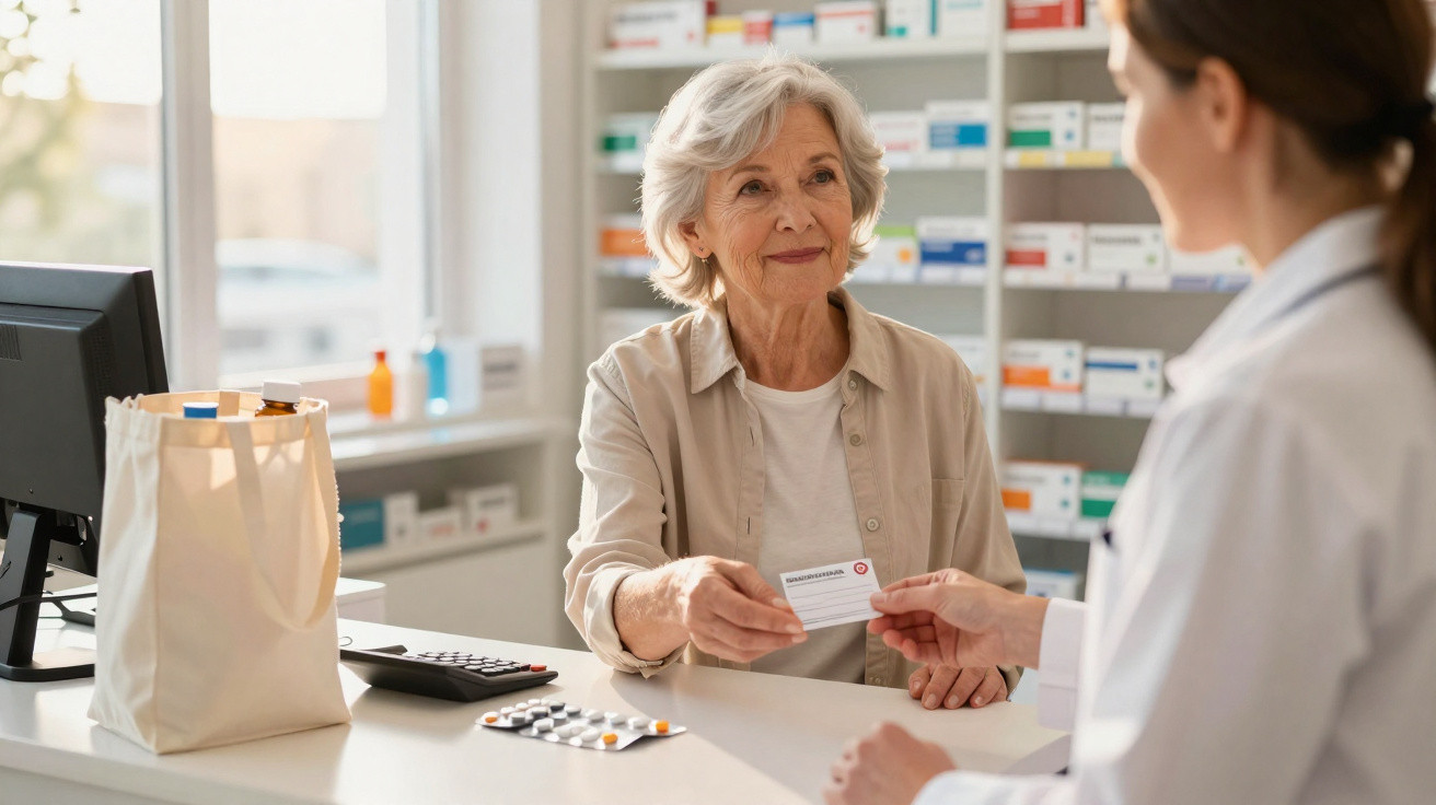 Idosa entrega receita médica a farmacêutica numa farmácia com medicamentos nas prateleiras ao fundo.