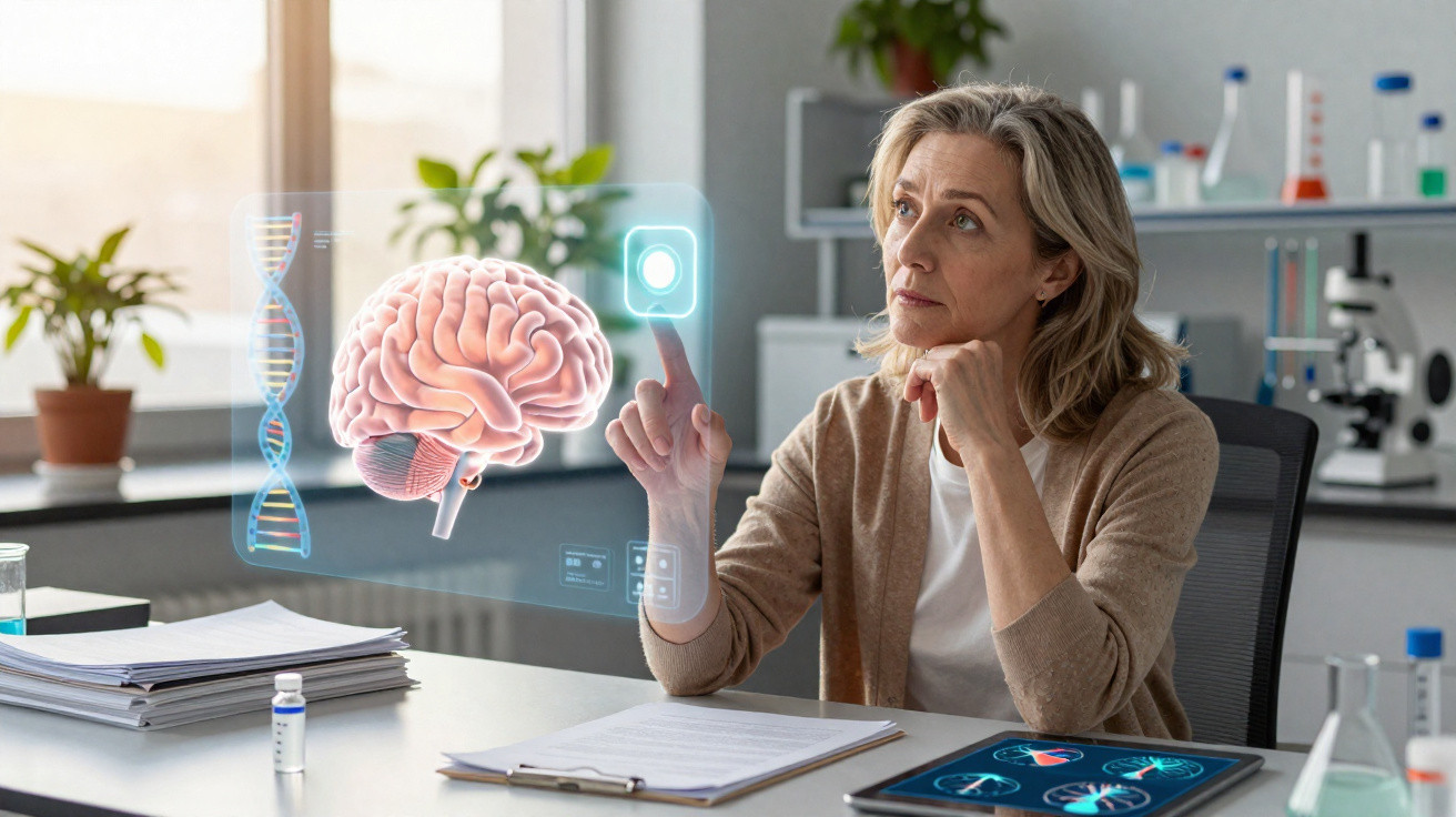Mulher cientista interage com holograma de cérebro em laboratório moderno com mesa e documentos.