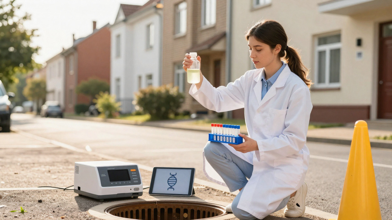 Cientista com bata branca analisa amostras de água perto de um esgoto urbano.