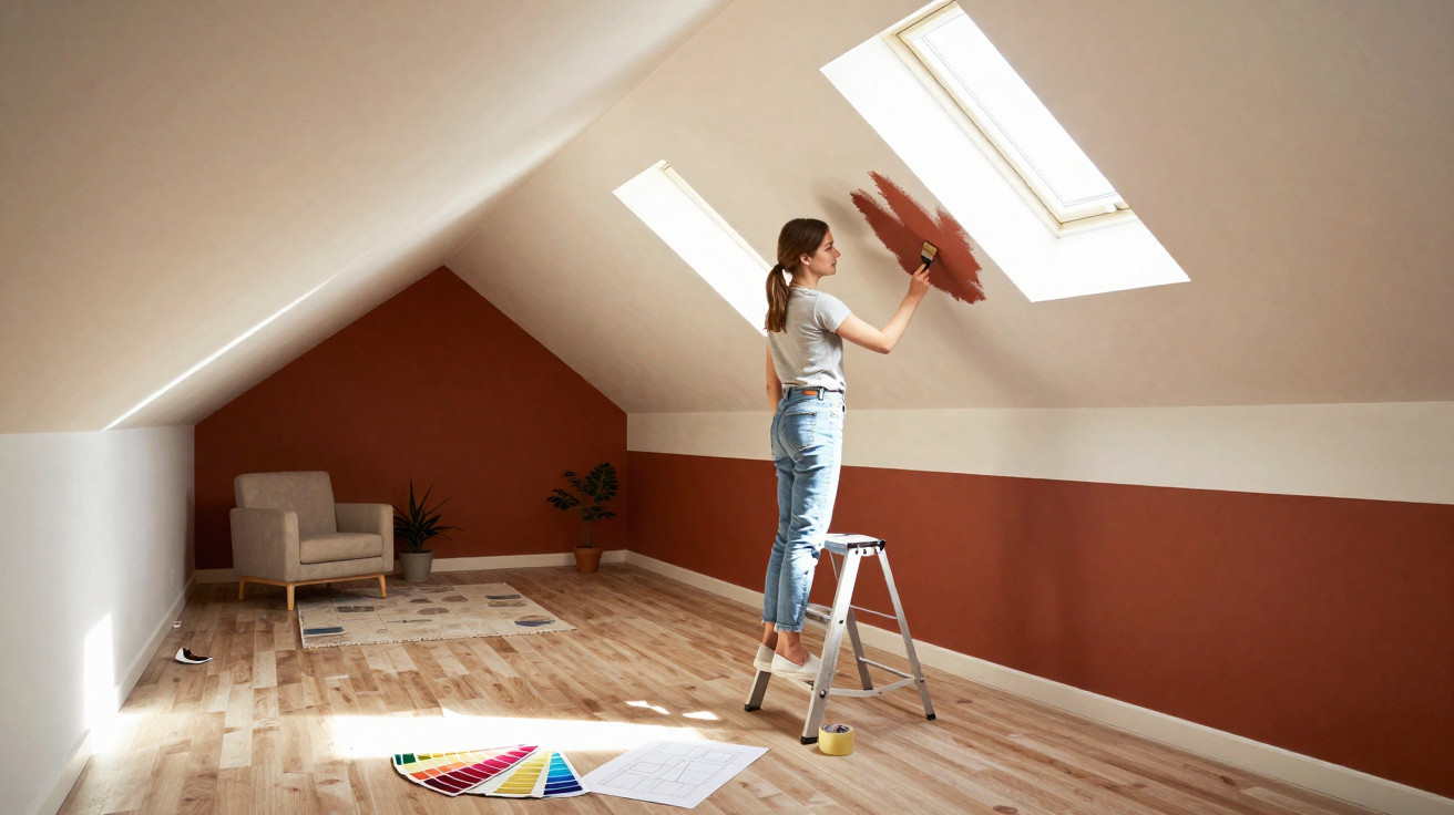 Mulher a pintar o teto numa divisão com paredes parcialmente pintadas de castanho avermelhado.