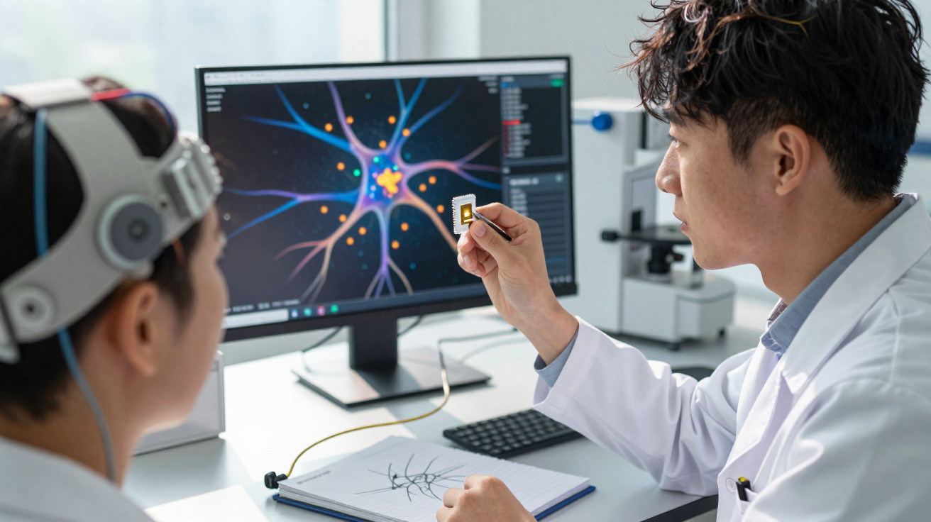 Cientista a analisar amostra em laboratório com imagem de neurónio no ecrã do computador.