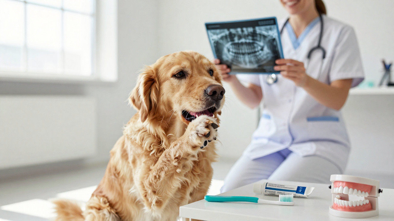 Veterinários a examinar um cão dourado num consultório com modelos e ferramenta dentária na mesa.