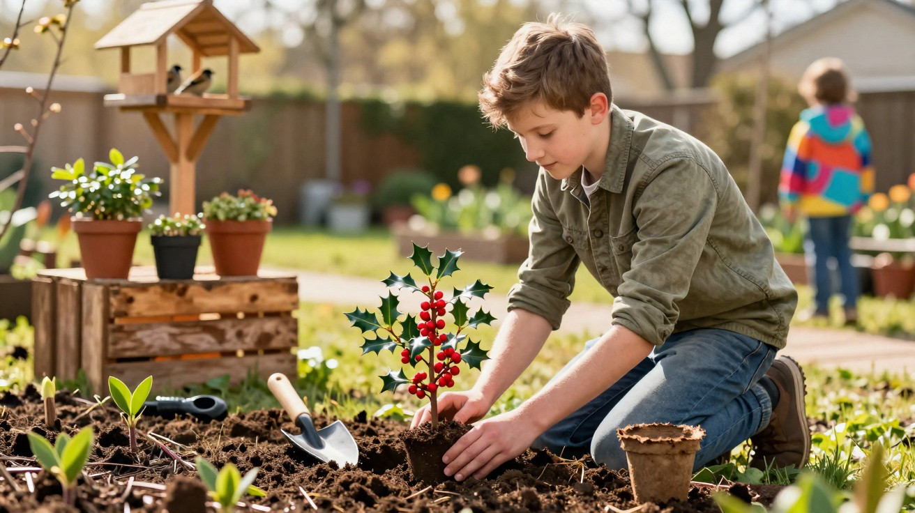 Menino a plantar um arbusto com bagas vermelhas num jardim com outras plantas e pássaros num comedouro.