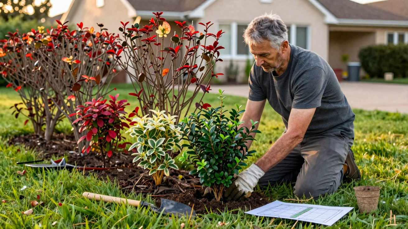 Homem a plantar um arbusto num jardim residencial, rodeado de outras plantas e ferramentas de jardinagem.