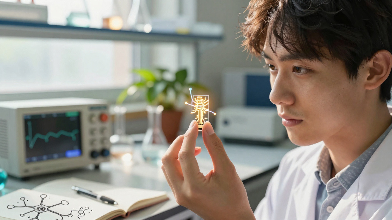 Jovem cientista em bata branca examina chip tecnológico num laboratório moderno com equipamentos científicos.