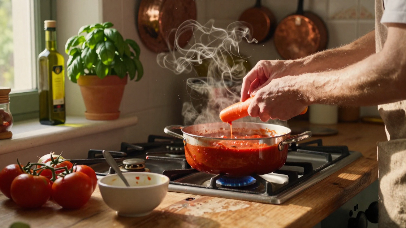 Pessoa a cozinhar molho de tomate com cenoura numa panela sobre fogão a gás numa cozinha iluminada.