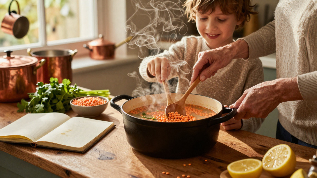 Criança e adulto a cozinhar sopa de lentilhas numa panela grande numa cozinha acolhedora e luminosa.