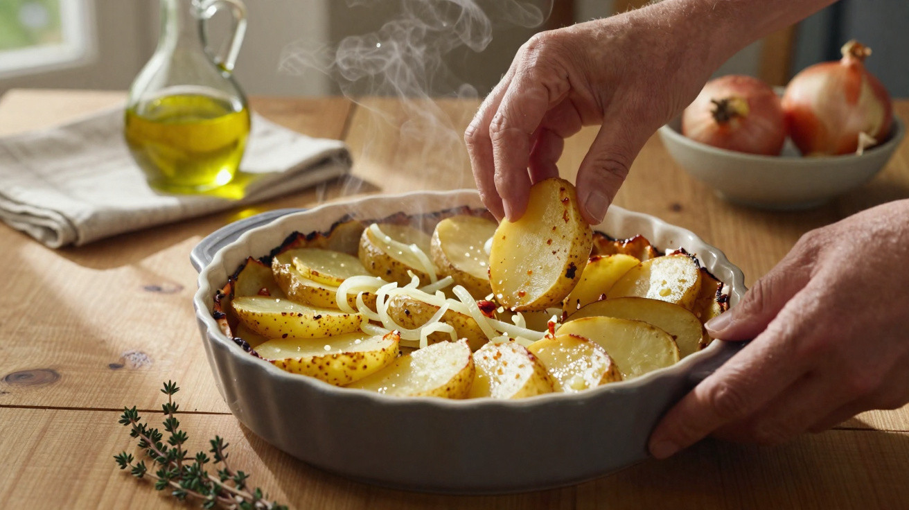 Prato de batatas e cebolas assadas, com mãos a colocar fatias no tabuleiro branco, decorado com tomilho.