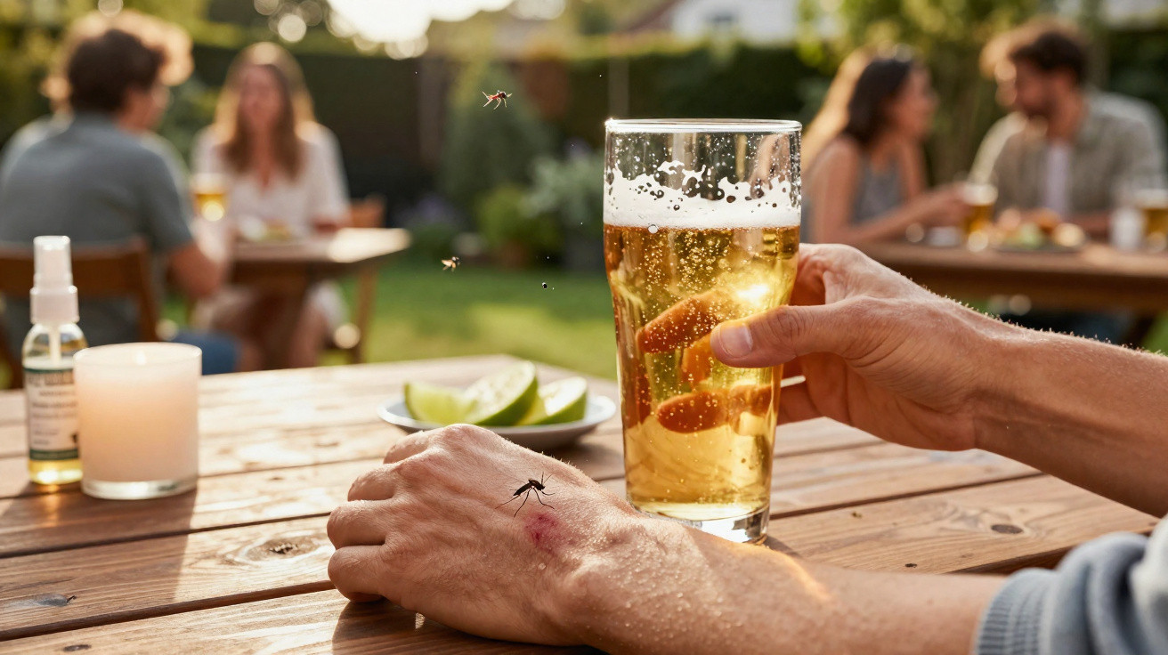 Mão com picada de mosquito visível perto de um copo de cerveja numa mesa ao ar livre com grupo ao fundo.