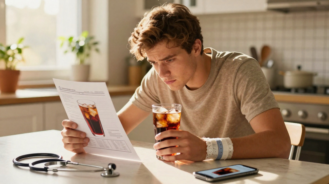 Jovem sentado à mesa, segurando um copo de refrigerante e lendo um papel com imagem da bebida.