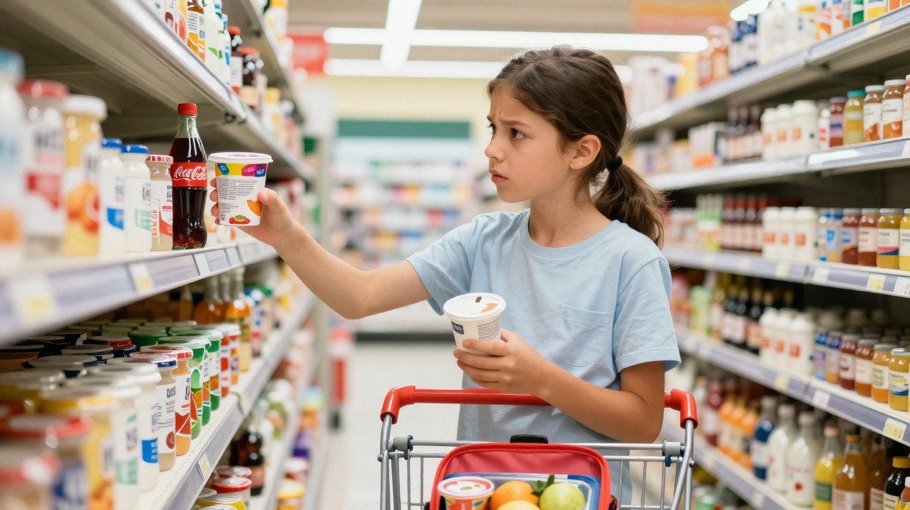 Rapaz a comparar dois iogurtes na mão enquanto faz compras num supermercado.