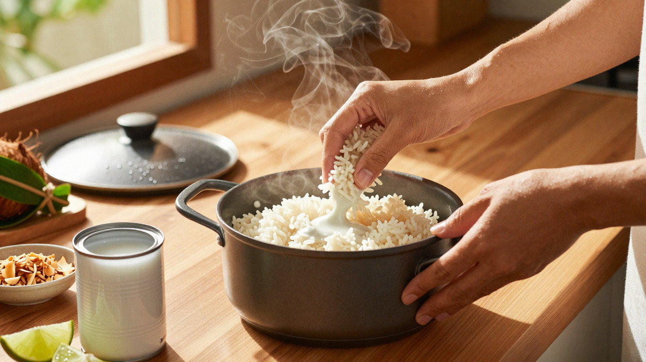 Mãos a desfazer arroz acabado de cozer numa panela branca numa cozinha iluminada pela luz natural.