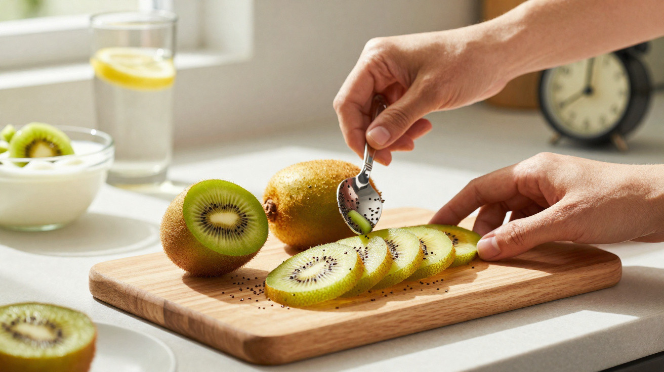 Mão a segurar meia peça de kiwi cortada com várias fatias de kiwi numa tábua de madeira numa cozinha iluminada.