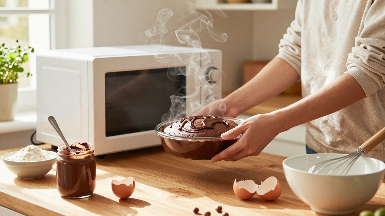 Pessoa a retirar bolo quente de chocolate do micro-ondas numa cozinha luminosa, com utensílios de pastelaria na bancada.