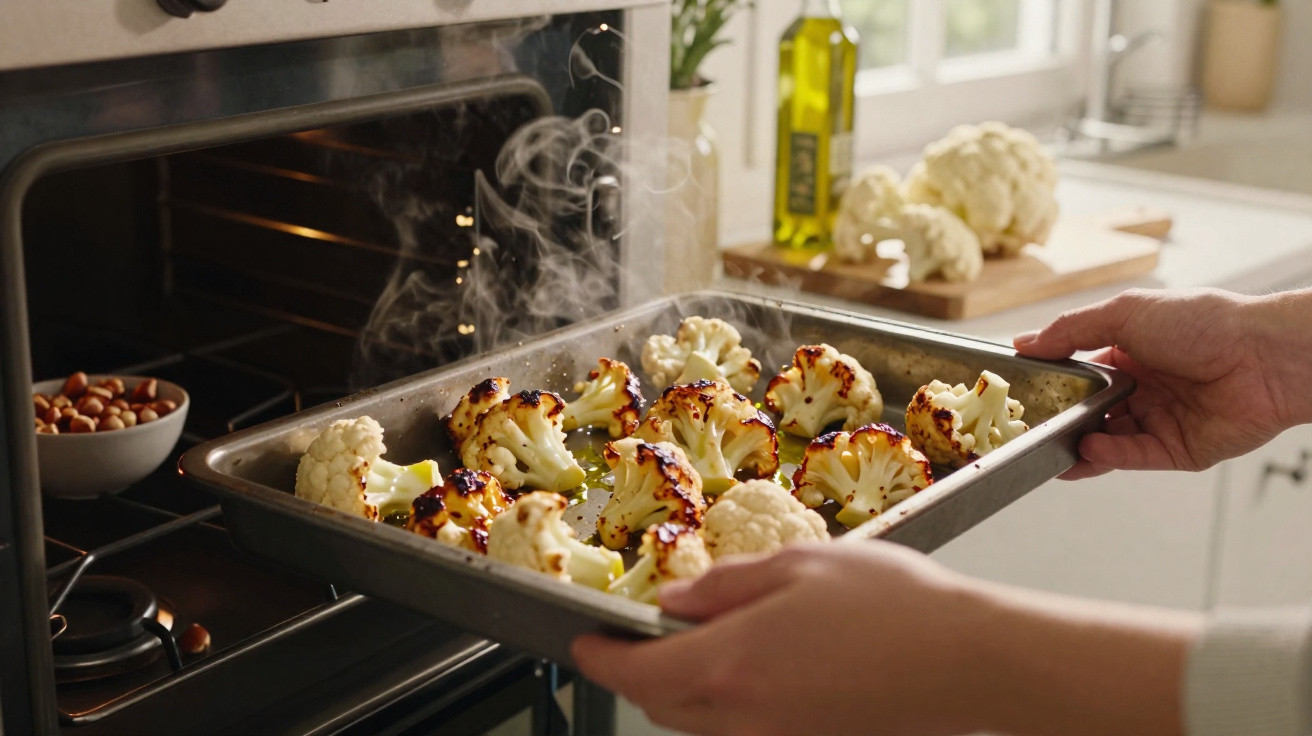 Pessoa a retirar do forno um tabuleiro com couve-flor assada fumegante numa cozinha iluminada.