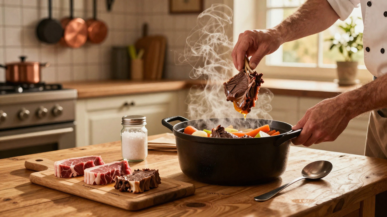 Mãos a colocar carne num tacho com legumes numa cozinha rústica, carne crua sobre tábua de madeira.