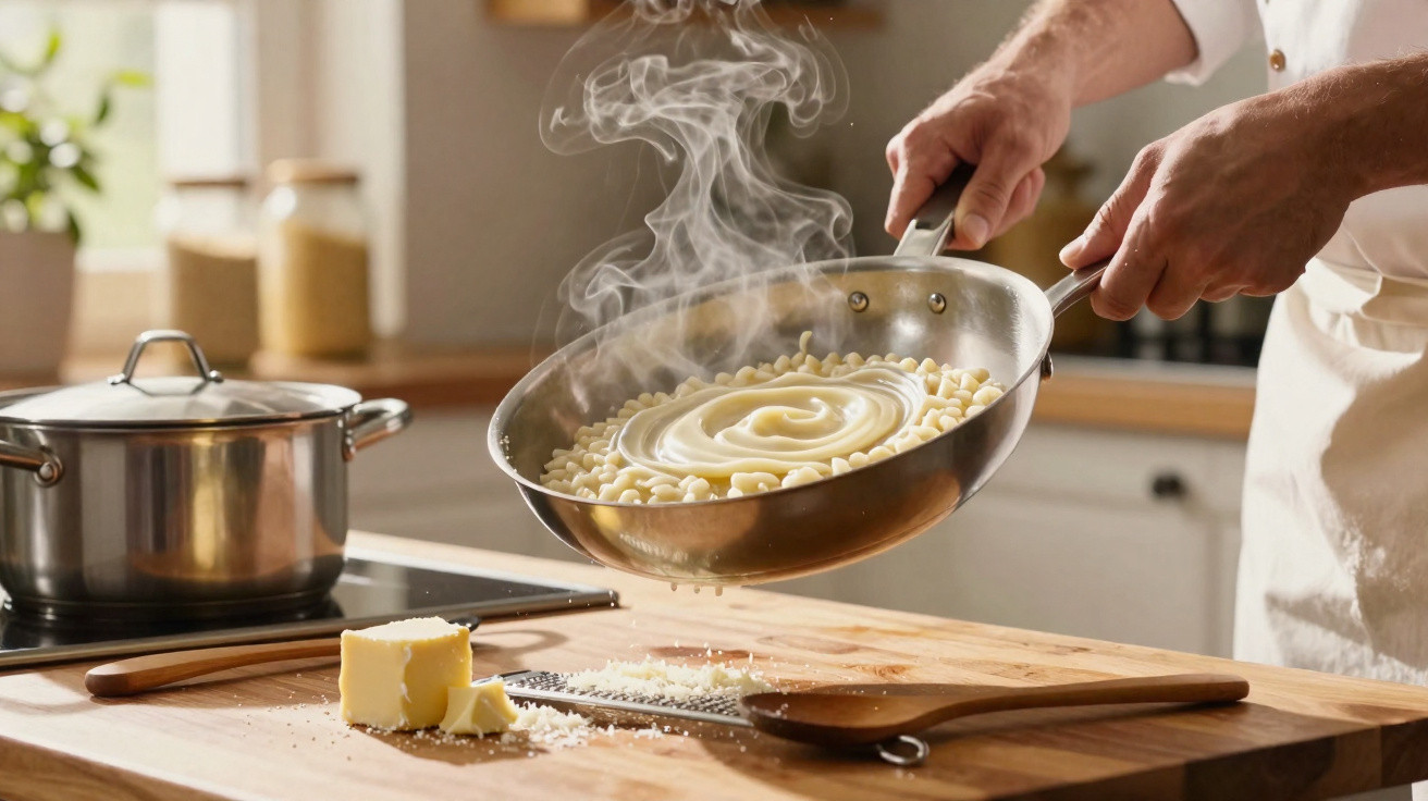 Pessoa a preparar massa com molho numa frigideira, com vapor a subir numa cozinha bem iluminada.