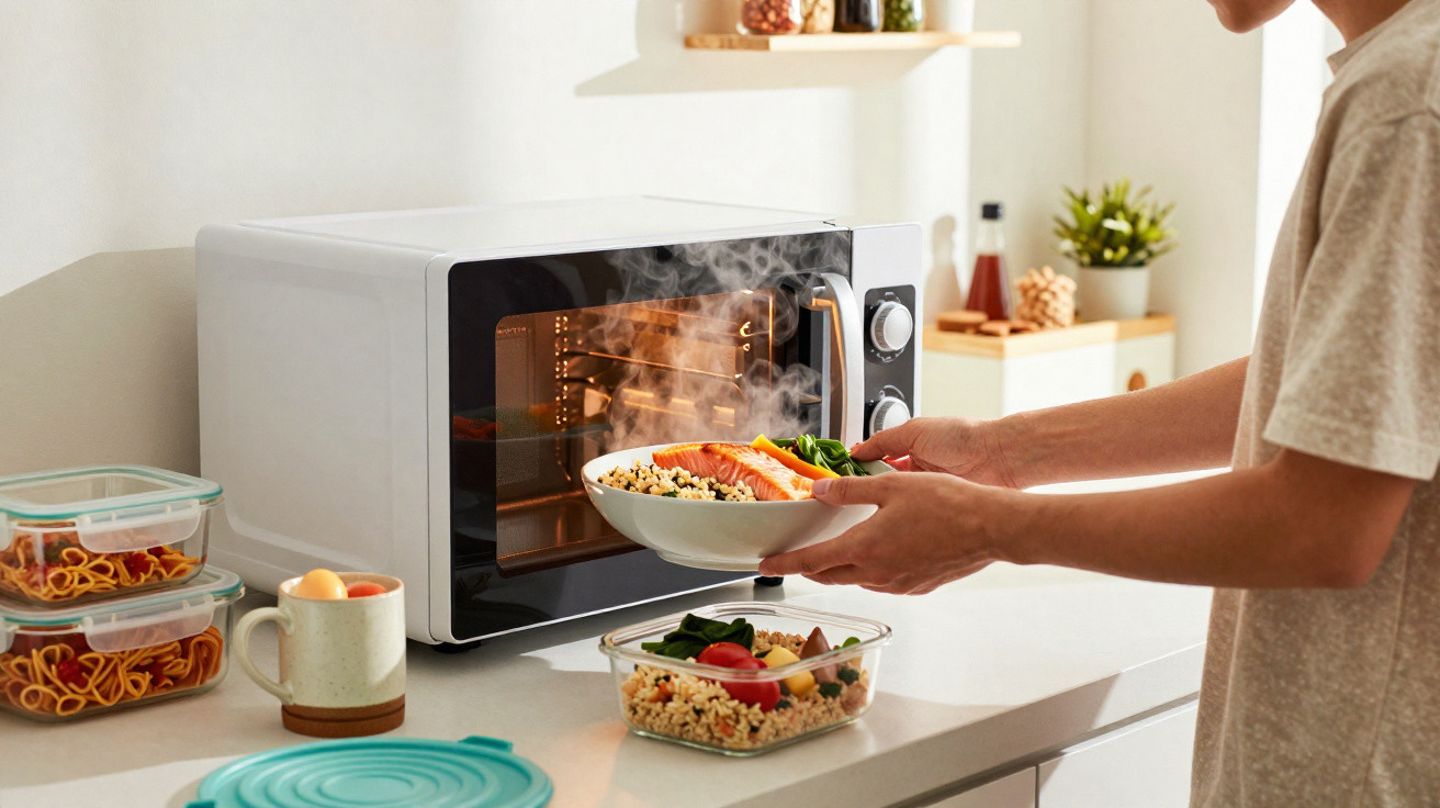 Pessoa a retirar prato de comida quente do micro-ondas numa cozinha moderna e luminosa.