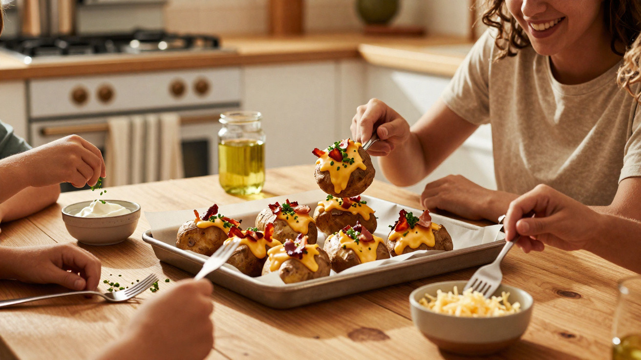 Família sentada à mesa a comer batatas assadas com queijo, bacon e cebolinho numa cozinha iluminada.