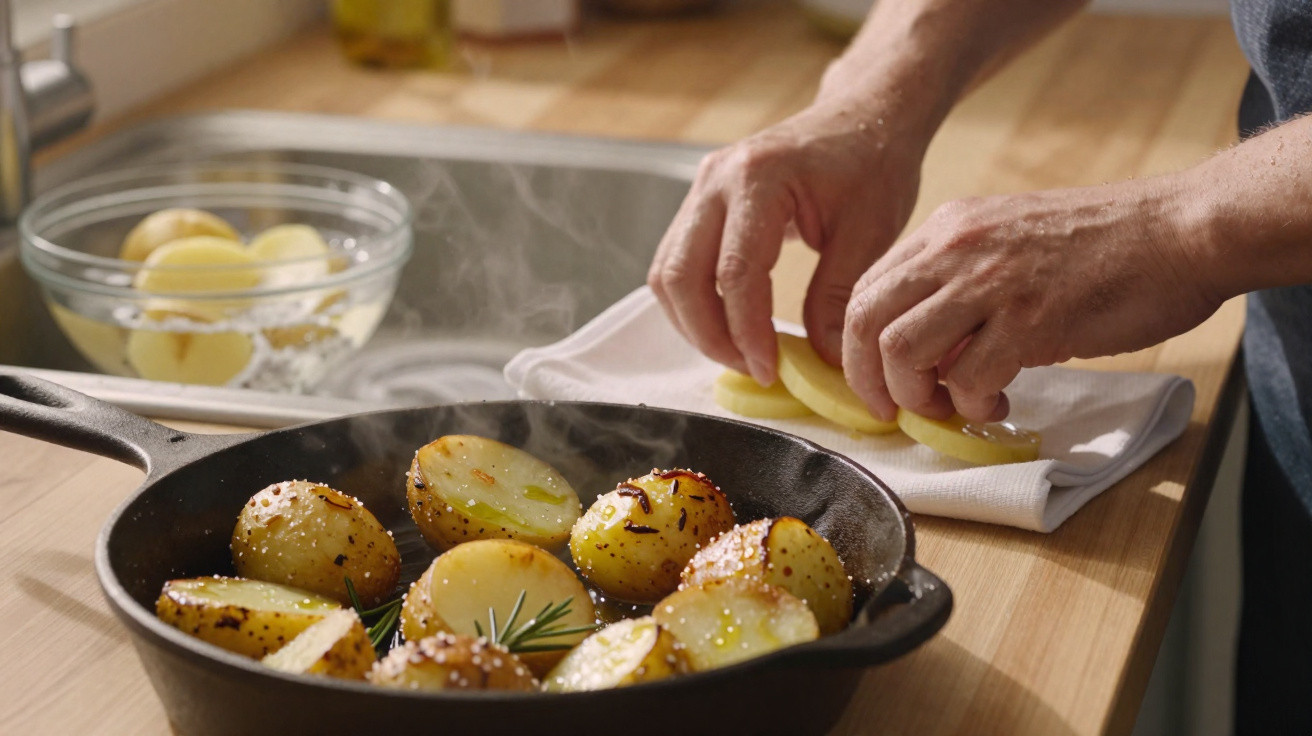 Mãos a cortar batatas ao lado de frigideira com batatas assadas e alecrim numa cozinha iluminada.