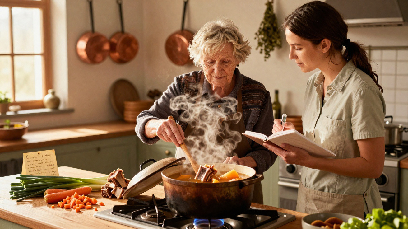 Mulher jovem e idosa a cozinhar juntas numa cozinha acolhedora, a seguir receita em livro.