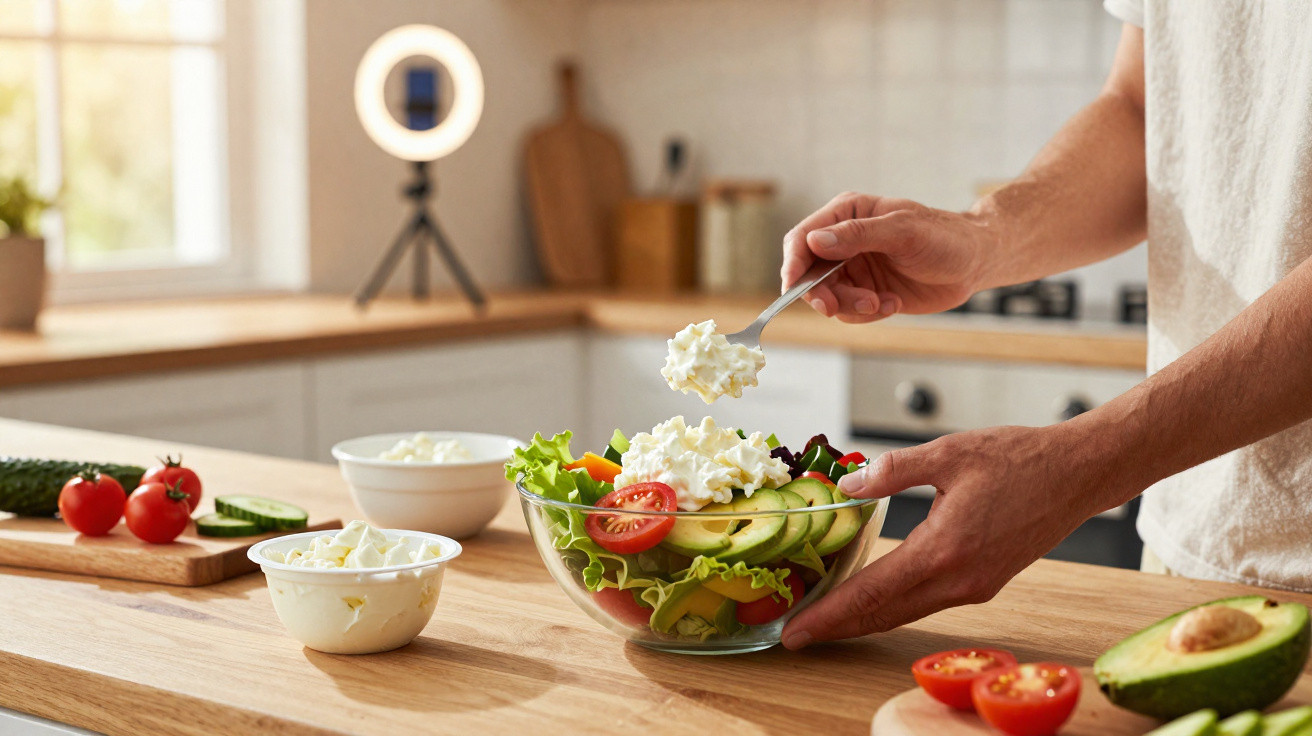 Pessoa a colocar queijo fresco numa salada com tomate, pepino e abacate numa cozinha iluminada.