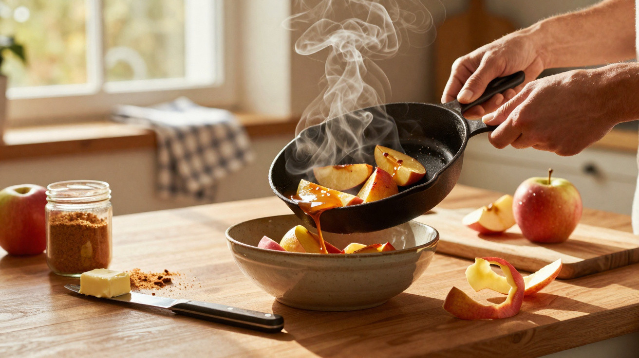 Frascos, maçãs, manteiga e batatas fumegantes a serem servidas numa cozinha iluminada pela manhã.