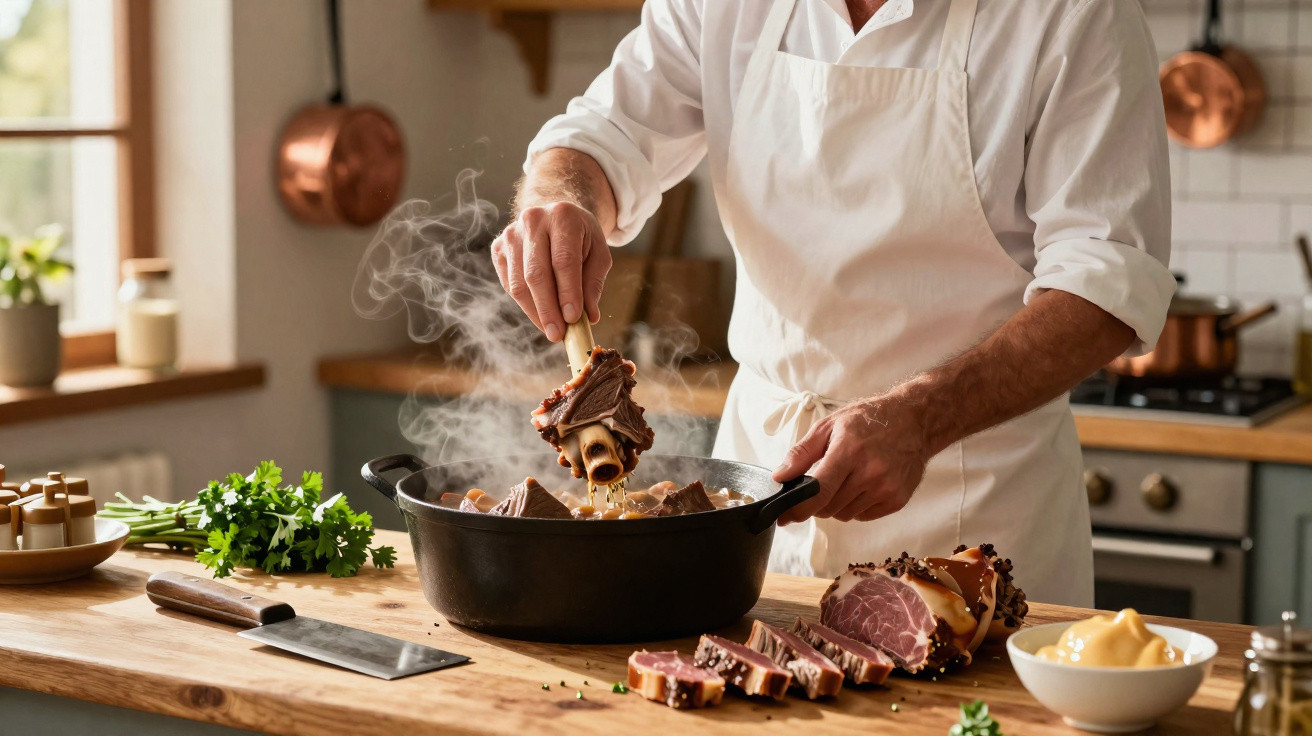 Homem com avental branco a temperar carne numa panela fumegante numa cozinha moderna.