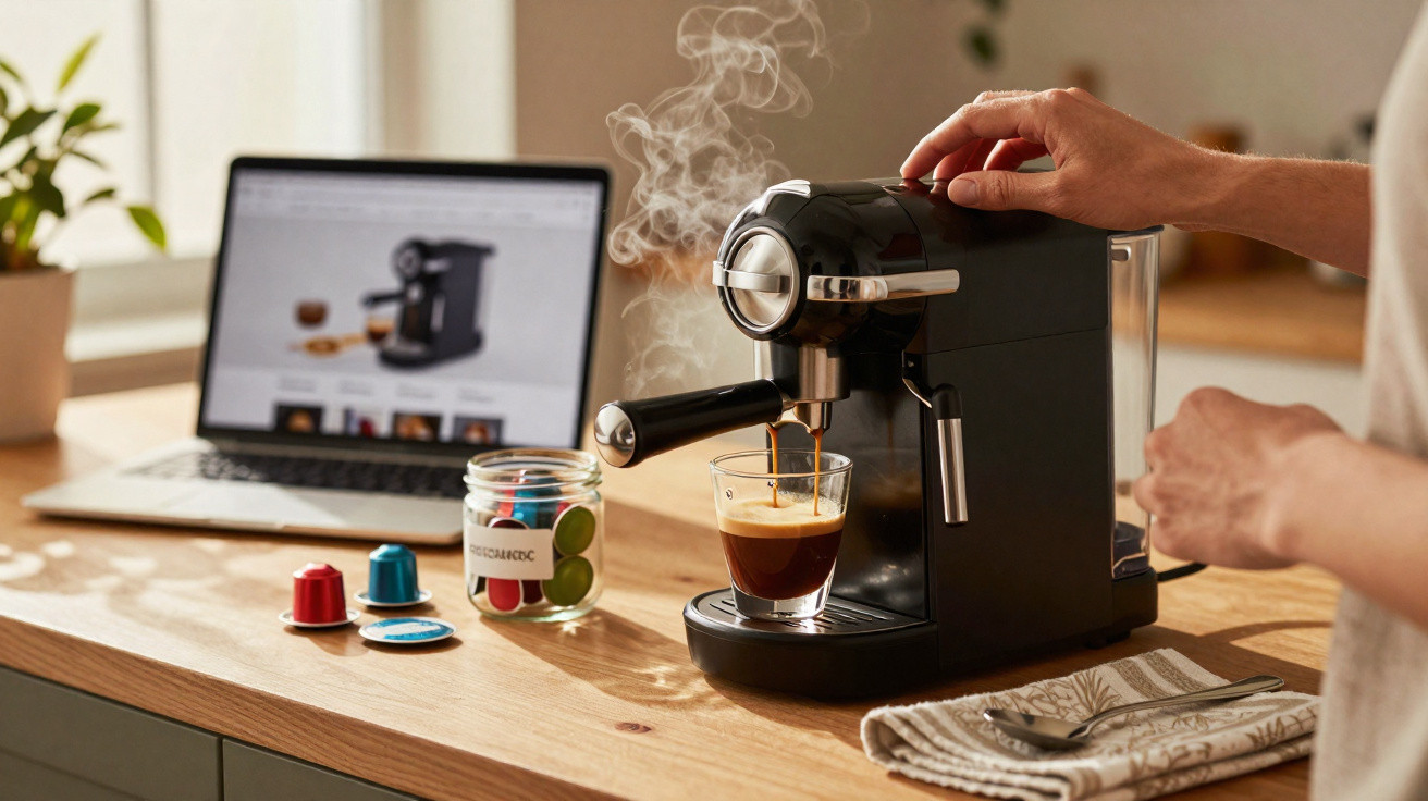 Mãos a preparar café numa máquina expresso numa cozinha com cápsulas coloridas e portátil ao fundo.