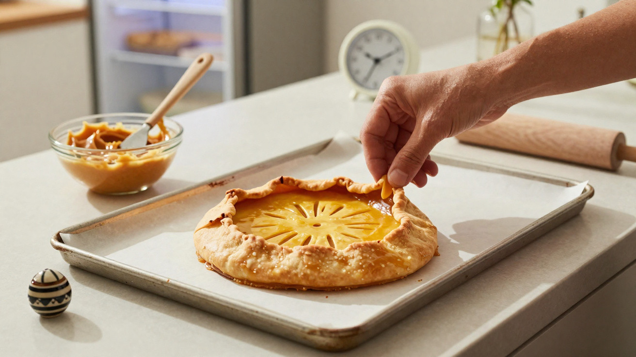 Mãos a fechar os bordos de uma torta rústica de fruta numa tabuleiro, numa cozinha iluminada.